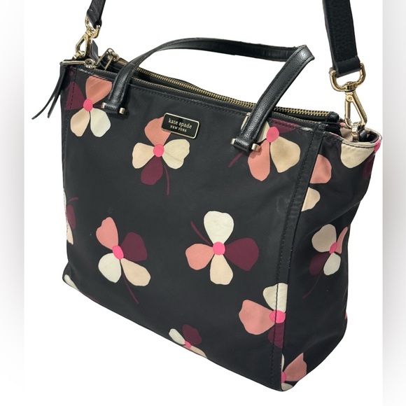 Kate Spade New York Black Floral Crossbody Satchel Nylon Leather Trim Spring